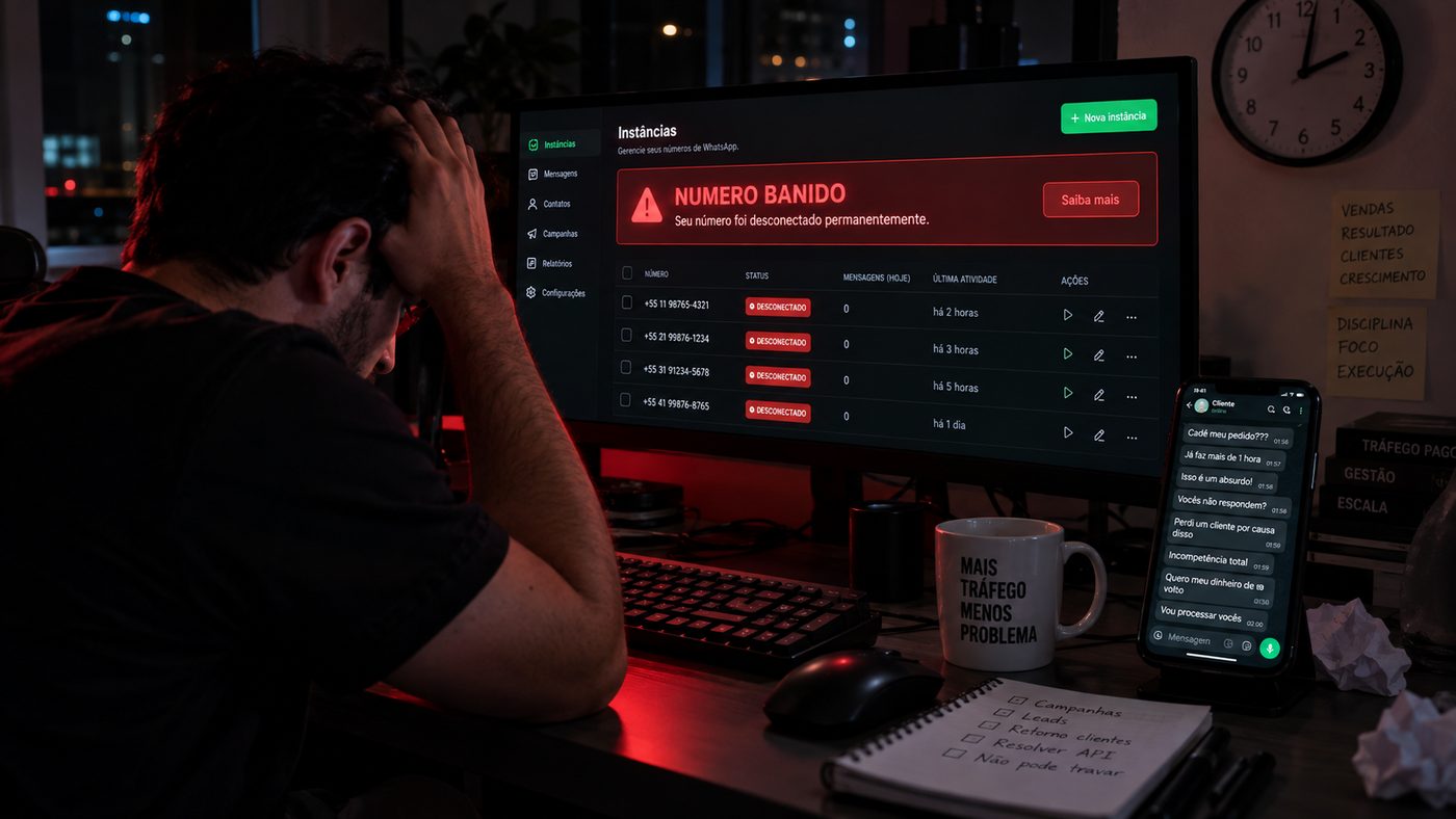 Gestor de tráfego de madrugada, com as mãos na cabeça, diante de números desconectados.